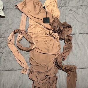 JLUXLABEL Satin Dress in Tan and Brown